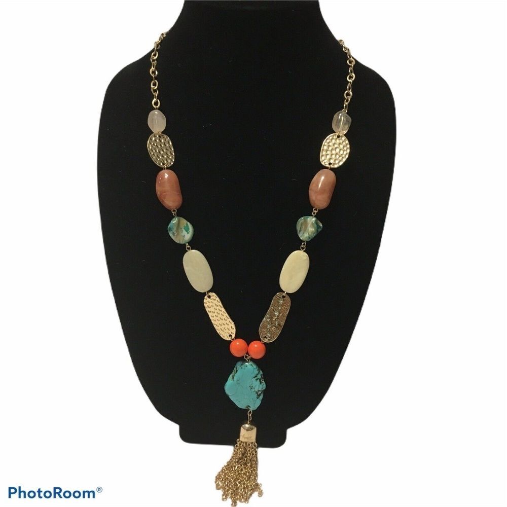 Gold tone stone bead tassel necklace turquise